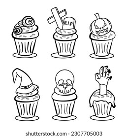 Vector set of cupcakes with halloween themed. Suitable for coloring books, stikers, etc.