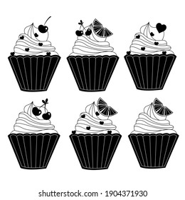Vector set of cupcakes icons isolated on white background for invitations, greeting cards, business card, bakery logo, sweet logo