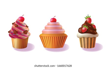 Vector set of cupcakes isolated on white background, decorative cakes, decorated cupcakes illustration,