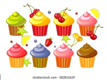 Vector set of cupcakes with marshmallows and chunks of ripe berries isolated on white background