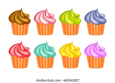 Vector set of cupcakes with marshmallows and whipped cream isolated on white background