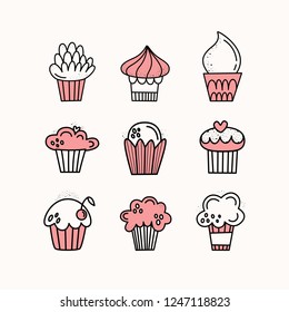 Vector set of cupcakes. Muffins, cakes. Hand-drawn Doodle style