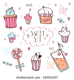 Vector set with cupcakes and other sweets.