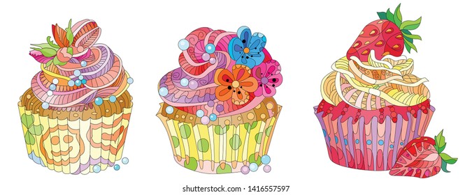 Conjunto vectorial de pastelitos con fresa. Ilustración dibujada a mano para pantalones t en zentangle, estilo doodle.