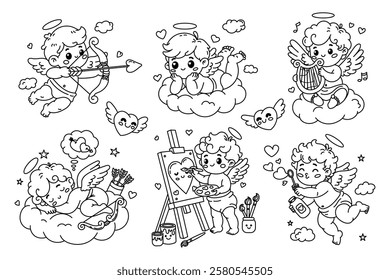 Vector set of Cupid illustrations. Cupid playing harp, painting, shooting arrows, sleeping, blowing bubbles, dreaming