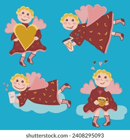 Vector set of cupid wiht heart, tea, coffee, mobile phone. Cute kids-angels in the sky. Romantic cartoon for children's clothing, packaging, postcards, notebooks, decoupage, dishes, gifts