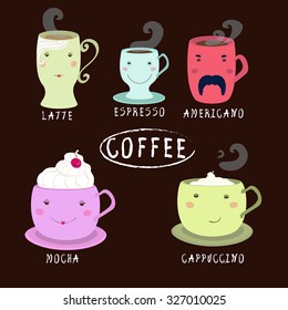 Vector set with cups of cappuccino, latte, mocha, espresso with faces and coffee banner