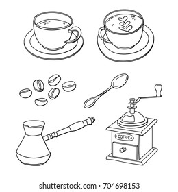 Vector set with cups of coffee, coffee beans, coffee maker, coffee grinder, spoon