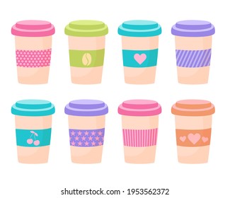 Vector set of cups for coffee with different prints. Illustration of cute colored coffee mugs in a flat style. Collection of cartoon icons. Drinks isolated on white background
