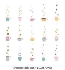 Vector set of cups of different tea. Tea card. Vintage Childish illustration in simple cartoon style.