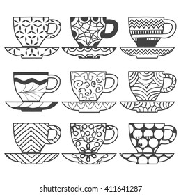 Vector set of Set of cups hand drawn illustration isolated on white background for coloring book, page