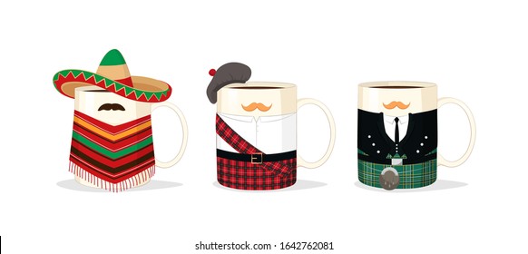 Vector set of cups and mugs in national costumes