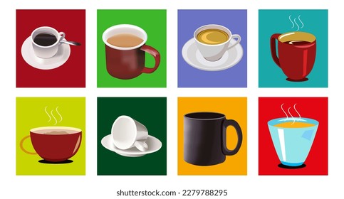 Vector set of cups, mugs. Template design with different cups  glass useful for graphic designers or coffee shop menu or restaurants.