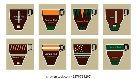 Vector set of cups, mugs. Template design with different cups  glass useful for graphic designers or coffee shop menu or restaurants.