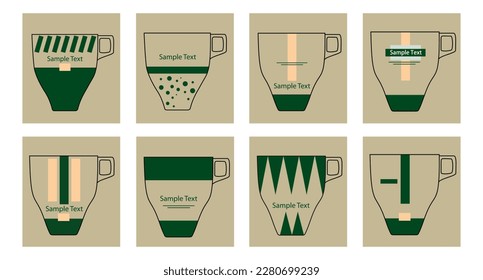 Vector set of cups, mugs. Template design with different cups, glass useful for graphic designers or coffee shop menu or restaurants.