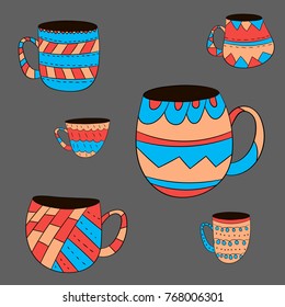 Vector set of cups of tea, coffee, milk to draw hands in Scandinavian style. Isolated colored objects.