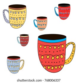 Vector set of cups of tea, coffee, milk to draw hands in Scandinavian style. Isolated colored objects.