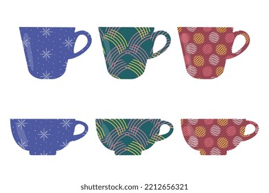 Vector set of cups with various patterns isolated on a white background