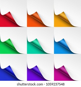 Vector Set of Curled Colored Corners of White Paper with Shadow Mock up Close up Isolated on Bright Red Scarlet Orange Yellow Green Mint Blue Purple Violet Pink Magenta Background