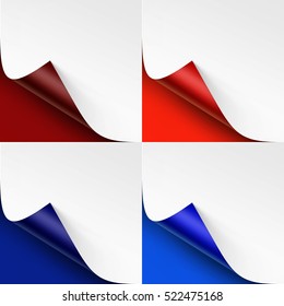 Vector Set of Curled Colored Corners of White Paper with Shadow Mock up Close up Isolated on Bright Red Scarlet Vinous Ultramarine Blue Background