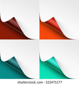 Vector Set of Curled Colored Corners of White Paper with Shadow Mock up Close up Isolated on Vinous Brown Orange Green Mint Background