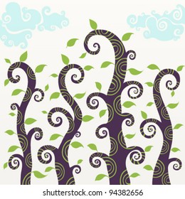 Vector set of curly trees with leaves
