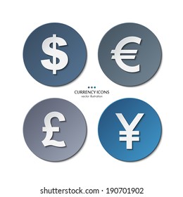 Vector set of currency icons, dollar, euro, pound, yen.