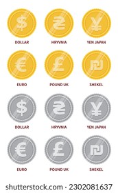 Conjunto vectorial de signos de moneda en color oro y plata. Signo de dólar, hryvnia, euro, libra, yen y shekel.