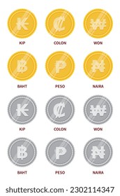 Vector set of currency signs in gold and silver color. Sign of kip, colon, won, vant, peso and naira.