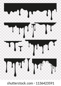 Vector set of current oil and milk drips isolated on transparent background. Black silhouettes dripping liquid, sauce, stains, inks, honey or paint. Collagen oil drop essence.
