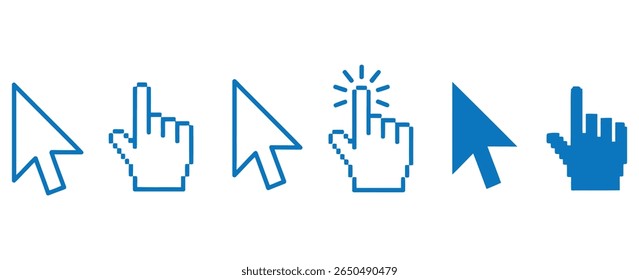 vector set of cursors. pointer, pixel, Color full Clicking mouse cursors, computer finger pointers set. classic pixelated computer mouse cursors, including the standard arrow, hand, and click