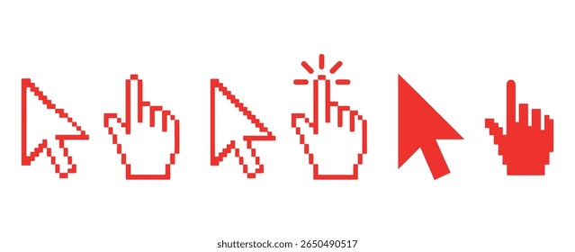 vector set of cursors. pointer, pixel, Color full Clicking mouse cursors, computer finger pointers set. classic pixelated computer mouse cursors, including the standard arrow, hand, and click