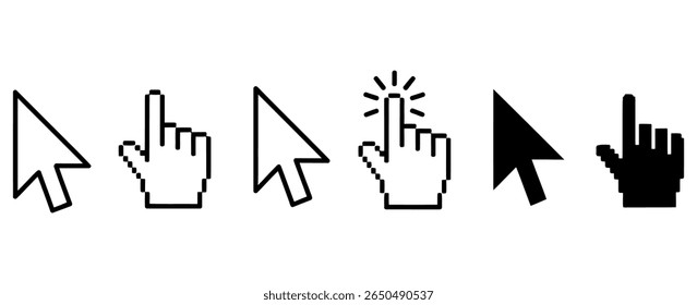 vector set of cursors. pointer, pixel, Color full Clicking mouse cursors, computer finger pointers set. classic pixelated computer mouse cursors, including the standard arrow, hand, and click