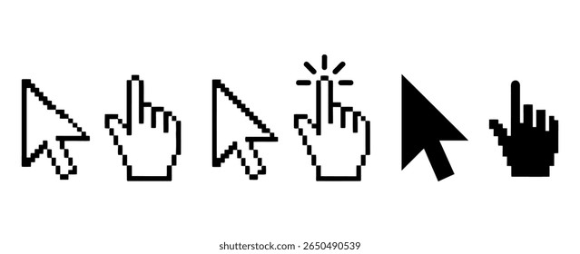 vector set of cursors. pointer, pixel, Color full Clicking mouse cursors, computer finger pointers set. classic pixelated computer mouse cursors, including the standard arrow, hand, and click