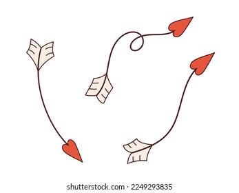 Vector set with curve arrows in y2k style. Happy Valentines day 70s. Retro collection of swirl arrows with heart shaped arrowheads.