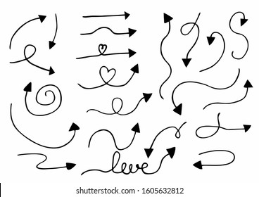 Vector set of curved abstract grunge arrows drawn by hand. Sketch doodle style. Pointers collection isolated on white background. For articles and web design.