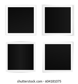 Vector set of curved square photo frames with various soft shadows. Photo frame templates on white background isolated.