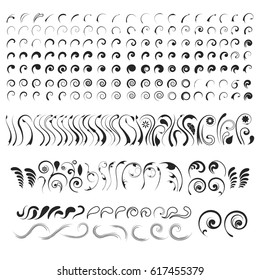 Vector set of curves of swirls isolated on white background.