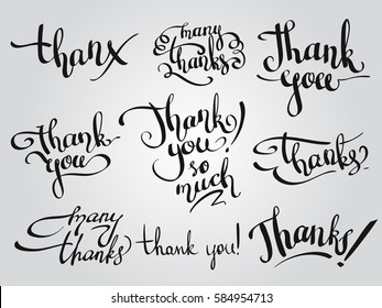 Vector set of custom Thank You design lettering, various handmade calligraphy elements