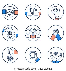 Vector set of customer relationship management and business negotiation icons. Flat linear pictograms and infographics design elements
