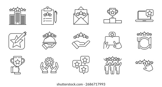 Conjunto vetorial de ícones de revisão e classificação de clientes em estilo de esboço mostrando estrelas troféu de feedback prancheta mão portátil segurando estrela pessoas com estrelas envelope e certificado adequado para negócios