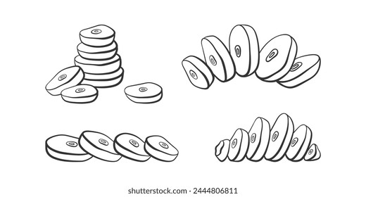 Vector set of cut and chopped garlic. Hand drawn outline illustration of garlic slices and cloves. Healthy vegetable ingredient for cooking, condiment and spice.