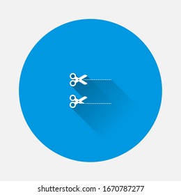 Vector set cut line icon with scissors icon on blue background. Flat image with long shadow.
