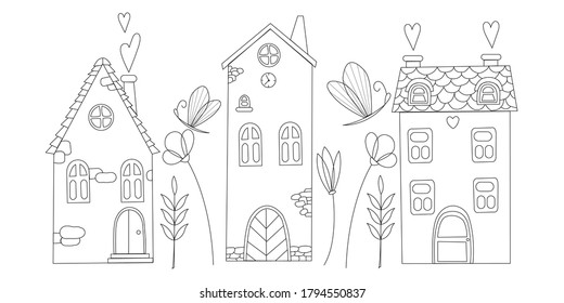 Vector set of cut old house. Line art houses Black graphic isolated elements for invitations, greeting cards, business card, for fabrics and paper