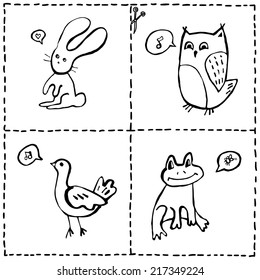 Vector set of cut out cards with cute animals, hand drawn doodles of baby animals and marks for cutting out and coloring