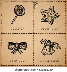 Vector set of cut out cards with xmas symbols, hand drawn doodles of holiday icons and marks for cutting out, page for coloring and playing, realistic aged old paper parchment background