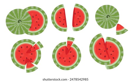 Vector set of cut watermelon icons top view.Ripe juicy fruit whole, halved and in pieces.Colorful designs isolated on white background.For use in card,banner,poster,stickers.Food illustration in flat.