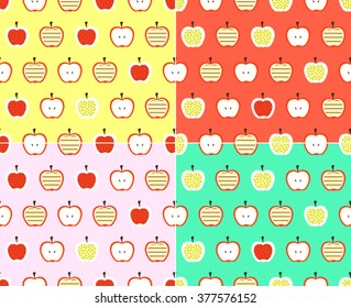 Vector set of cute abstract apple slice with stripes line and dots on yellow red pink and green design background pattern backdrop seamless wallpaper. Vector image