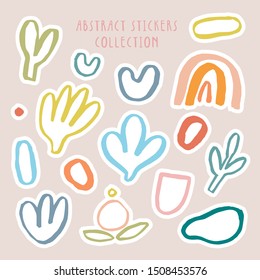 Vector set of cute abstract stickers. Artistic stationery elements design in naive style. Imaginary stickers design - Cute collection.