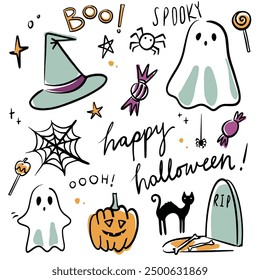 vector set of cute, adorable halloween illustrations with a simple style, featuring ghosts, sweets and pumpkin with halloween colours